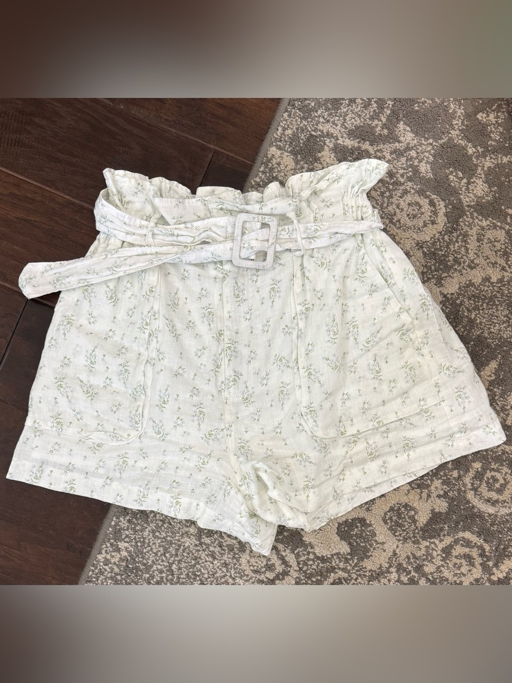 Blank NYC White Floral Paperbag Waist Shorts with Belt